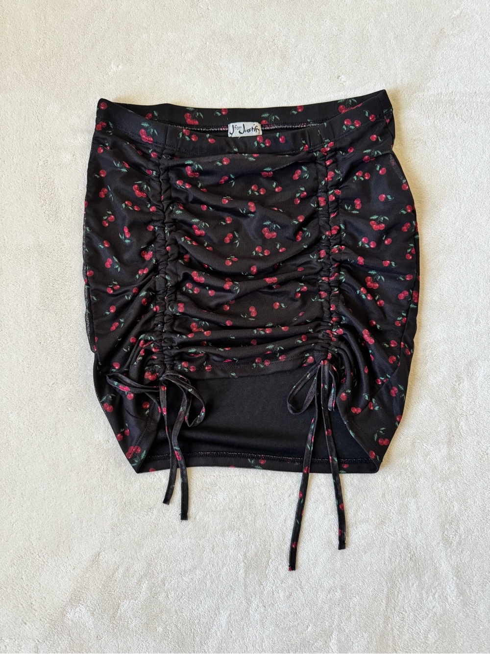 Black Cherry Ruched Mini Skirt Tie Detail Y2K Fruit Print Size M Ruffle Flair